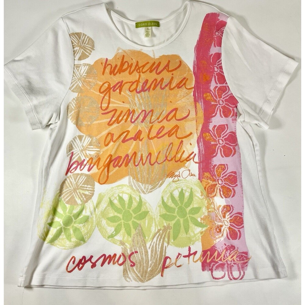 Sigrid Olsen Graphic T-Shirt Women XLarge White Pink Excellent Short Sleeve Y2K